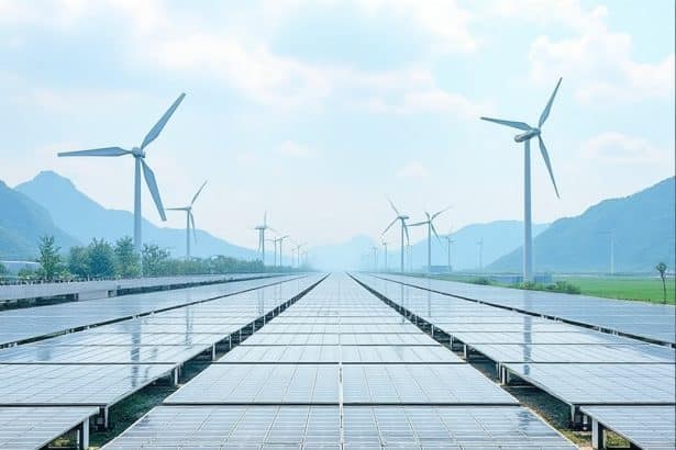 Solar panels are aligned in neat rows, with their shiny surfaces reflecting the sky. In the background, multiple wind turbines stand tall