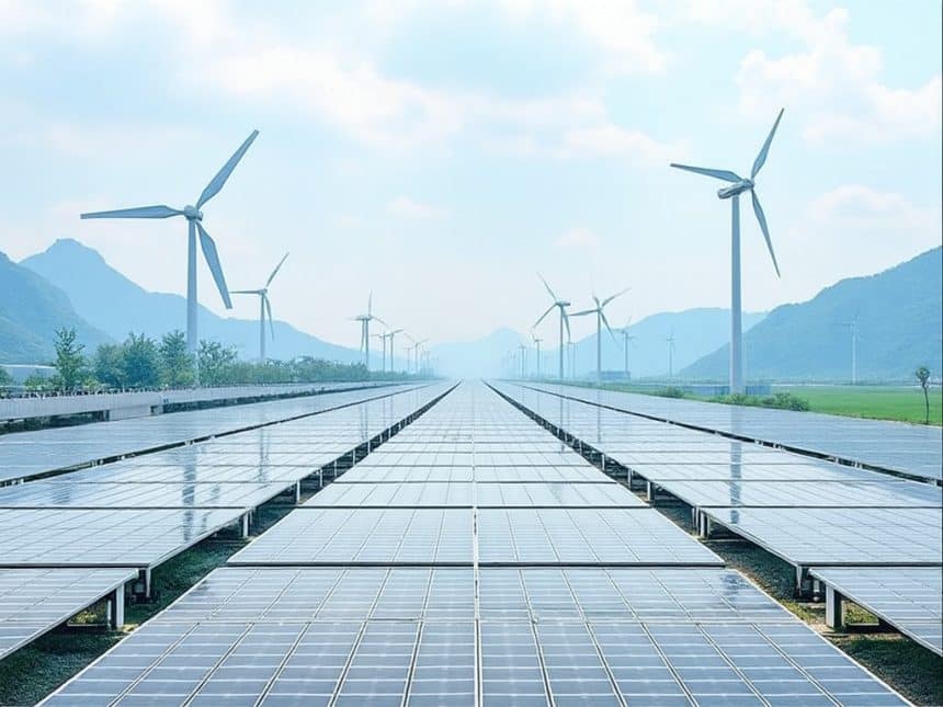 Solar panels are aligned in neat rows, with their shiny surfaces reflecting the sky. In the background, multiple wind turbines stand tall