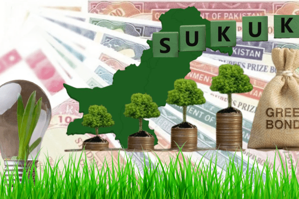 A green map of Pakistan overlaid on prize bonds in the background, with symbolic illustrations representing green bonds and sustainable finance.