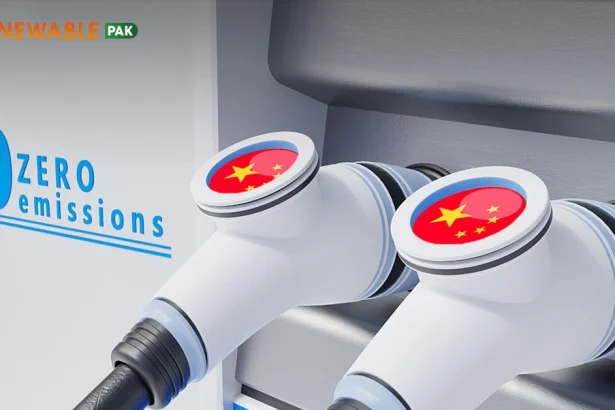 Electric vehicle charging plugs featuring the Chinese flag, representing China's Green-Hydrogen and zero emissions energy efforts.