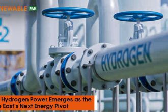 Network of industrial pipes inside a green hydrogen production plant.